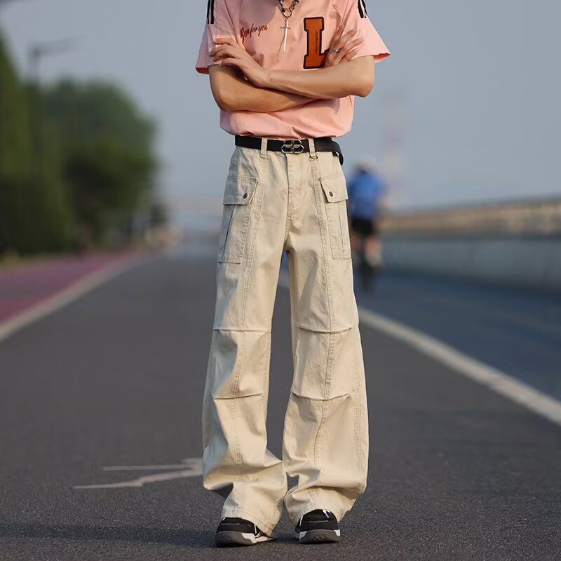 高个子加长卡杏色直筒休闲裤女美式高街设计感褶皱宽松工装裤夏季