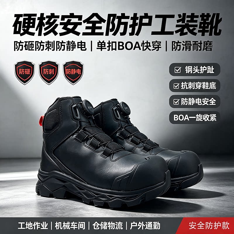 高帮真皮劳保鞋男BOA旋转扣防砸防刺工地户外防水防滑安全工作鞋