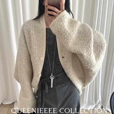 QUEENIE2025秋冬新款 不规则落肩宽松蝙蝠袖羊毛外套上衣女