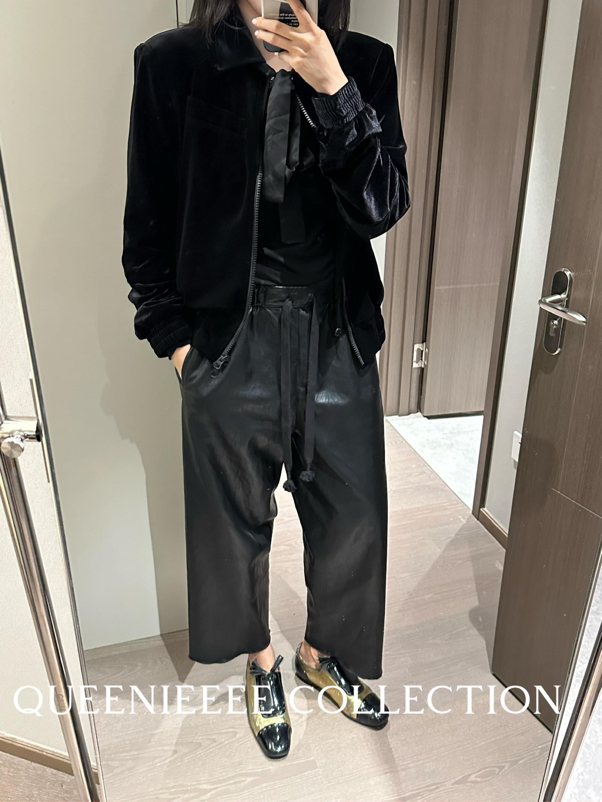 简约时髦松紧九分裤皮裤