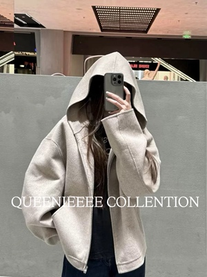 QUEENIE2025秋冬新款 老钱风复古双面呢羊毛连帽外套女宽松上衣