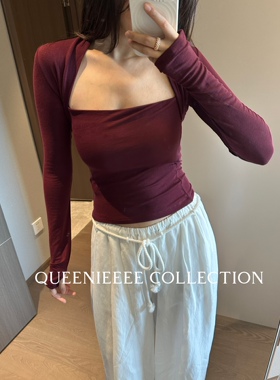 QUEENIE2025秋冬新款 修身显瘦莱塞尔天丝羊毛假两件袖套针织上衣