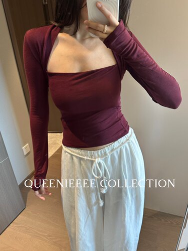 QUEENIE2025秋冬新款 修身显瘦莱塞尔天丝羊毛假两件袖套针织上衣