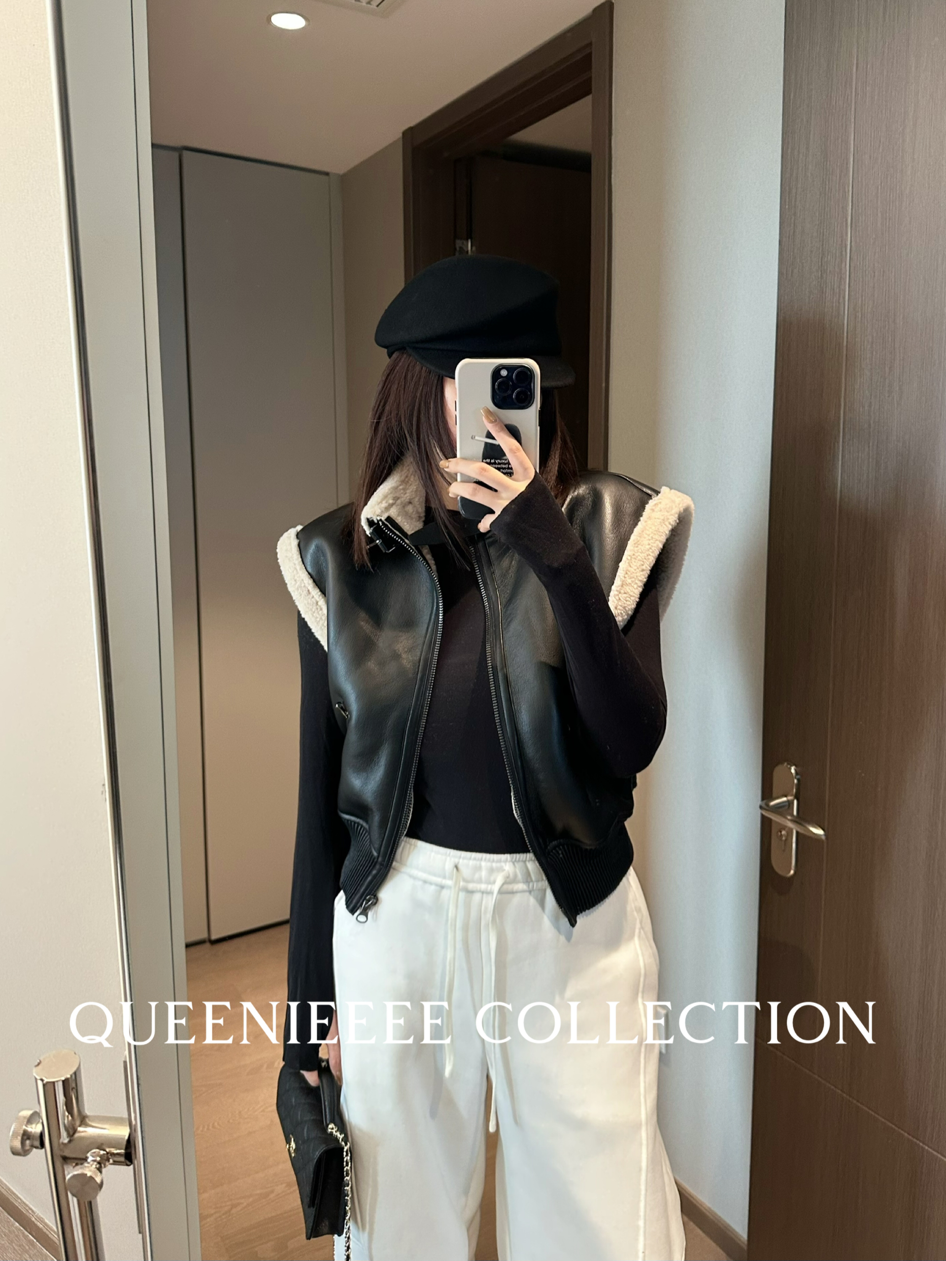 QUEENIE2025秋冬新款环保皮毛一体翻领皮草马甲拉链机车短款外套