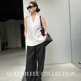 背心上衣女 QUEENIE2025夏季 新款 法式 度假风极简天丝亚麻V领无袖