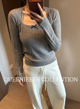 QUEENIE2026新款 显瘦蝴蝶结假两件袖套麻花羊毛混纺针织衫毛衣