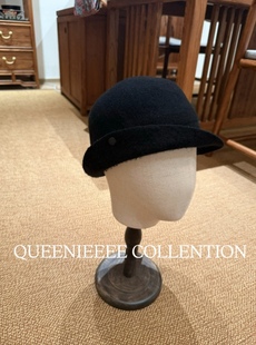 QUEENIE2025秋冬新款 明星同款羊毛圆顶复古翻边扣子小礼帽黑色