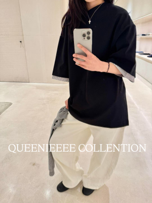 QUEENIE2026早春新款 小众男女款简约条纹拼接假两件宽松短袖T恤