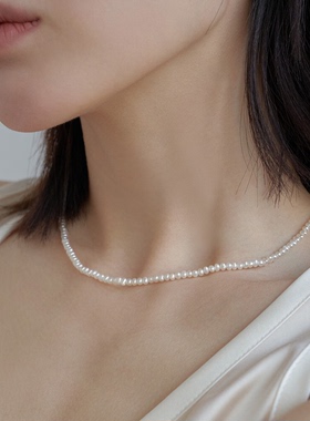 盖娅琳 天然淡水珍珠强光近圆珍珠项链S925银锁骨链女小珍珠颈链