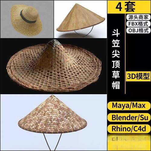 C4D斗笠尖顶草帽blender/Rhino犀牛SU/3Dmax模型FBX OBJ MAYA素材
