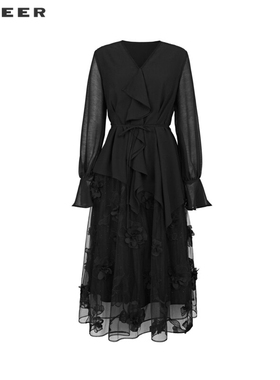 【一一专属】V领荷叶边绣花网纱收腰连衣裙S241Z12D2