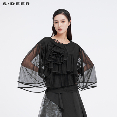 【甜甜粉丝专享】圆领立体裁剪网纱长袖衬衫S221Z0517