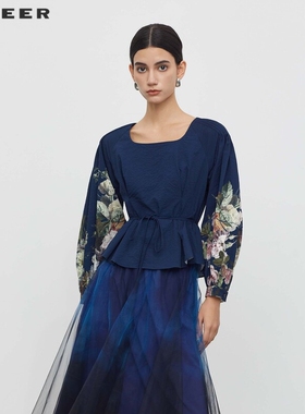 【一一专属】复古方领印花收腰压褶衬衫S233Z0520