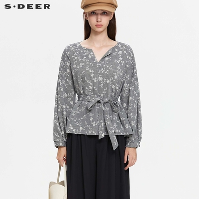 【甜甜粉丝专享】25年复古V领撞色印花收腰棉麻衬衫S253Z0533