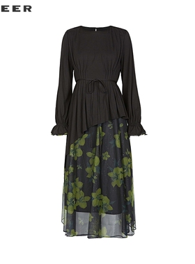 【一一专属】优雅圆领收腰印花网纱连衣裙S243Z1251