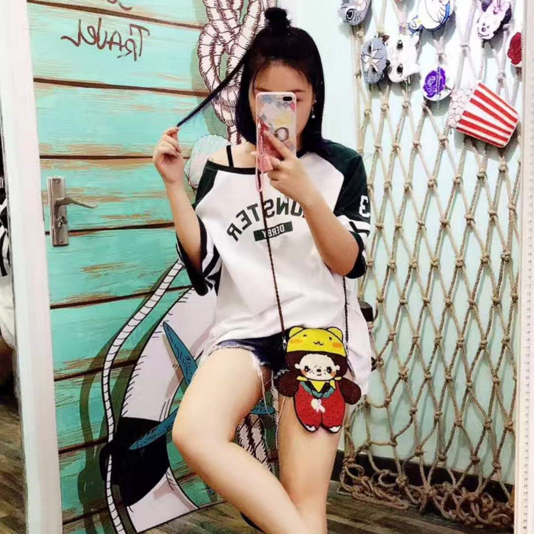 蒙奇奇串珠手机包斜挎链条包纯手工珠绣单肩包卡通大容量串珠包