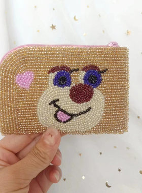 日本feiler熊零钱包卡包钉珠方形拉链收纳包L包可爱手工串珠包袋