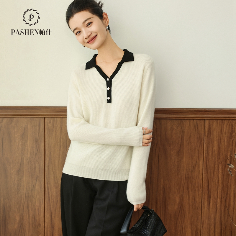 帕什羊绒衫女100%山羊绒25秋冬新款半开翻领拼色针织毛衣 PS-163