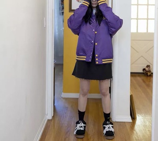 紫色夹棉夹克 笑脸刺绣 棒球服外套 男女同款 清 Dre 断码 House