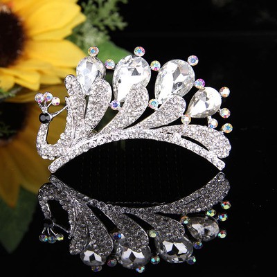 超强保色公主儿童水钻头发饰品花童粉色皇冠插梳女孩水晶发梳王冠