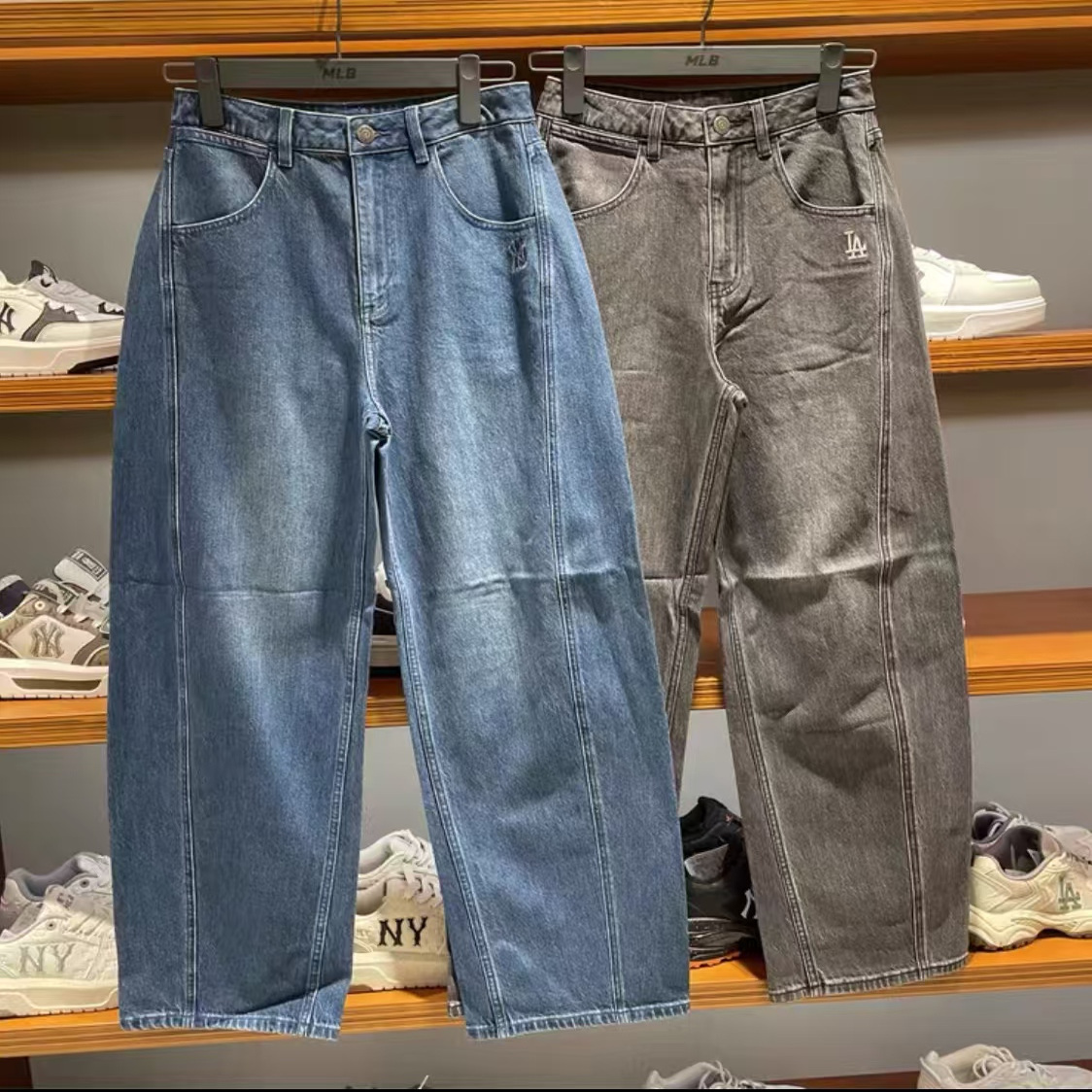 MLB正品NY小标复古长裤25年秋季女新休闲阔腿直筒牛仔裤3FDPV0154