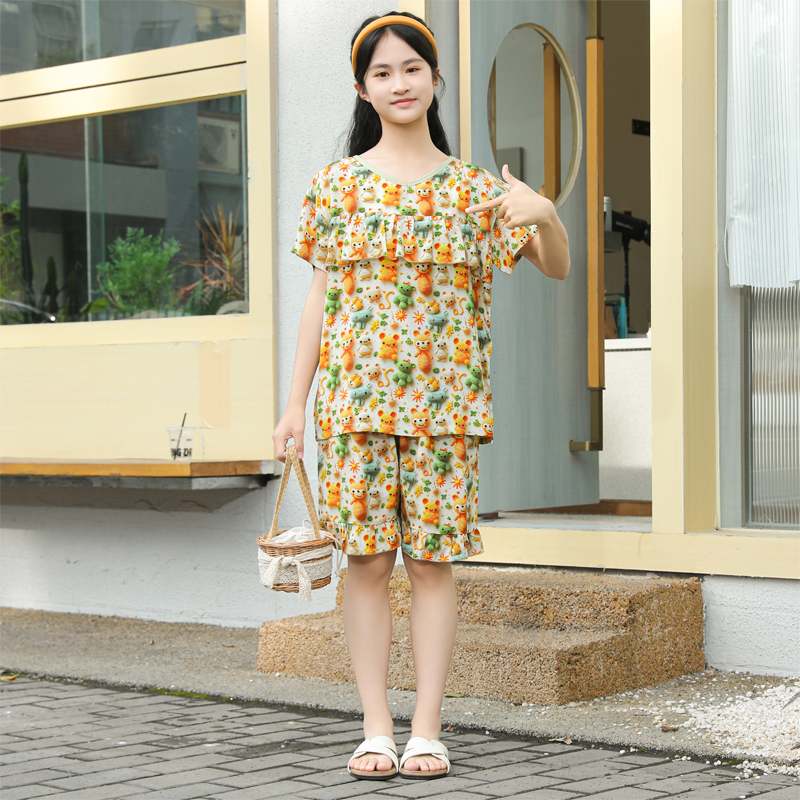 女童防凸点短袖短裤棉绸家居服大童睡衣夏季薄款女孩初中生空调服