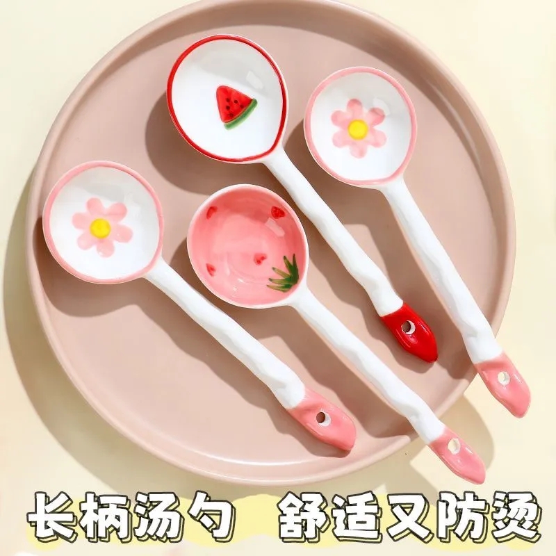 陶瓷勺子ins可爱糖果色小汤勺日式家用吃饭勺高颜值长柄勺甜品勺