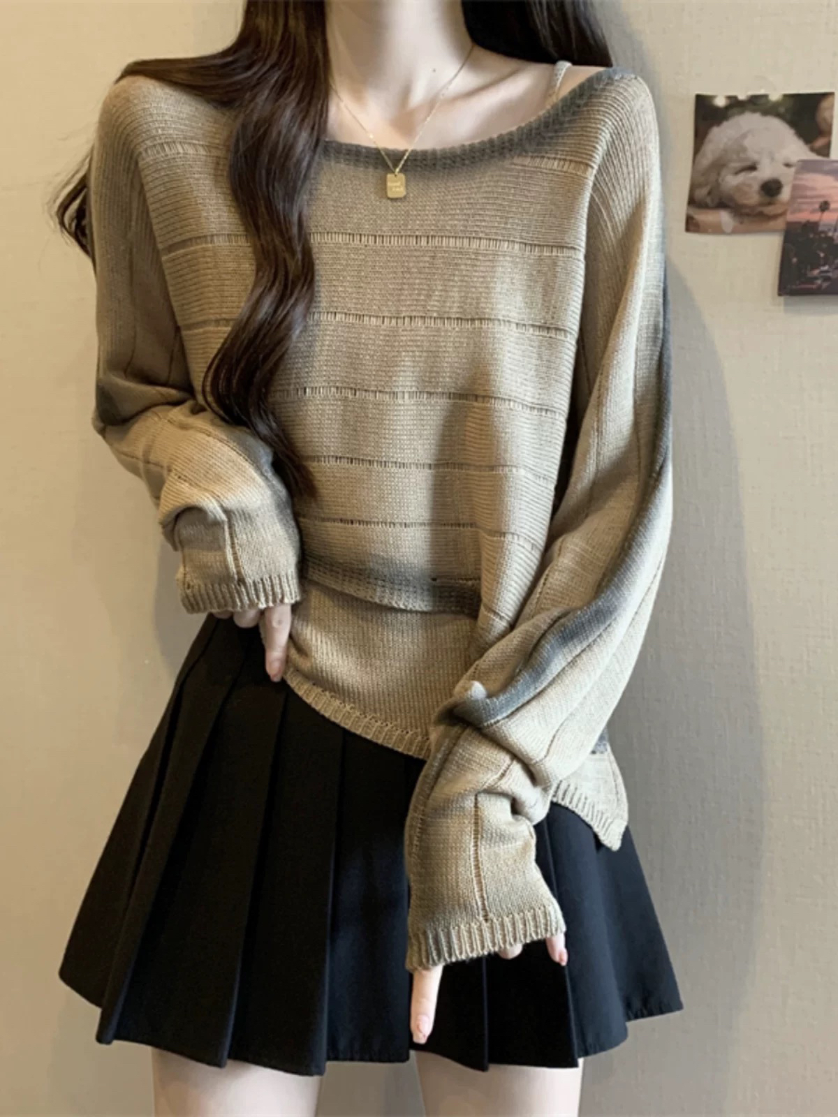 特惠不退换欧洲站不规则针织衫女+内搭吊带背心一字肩两件套装