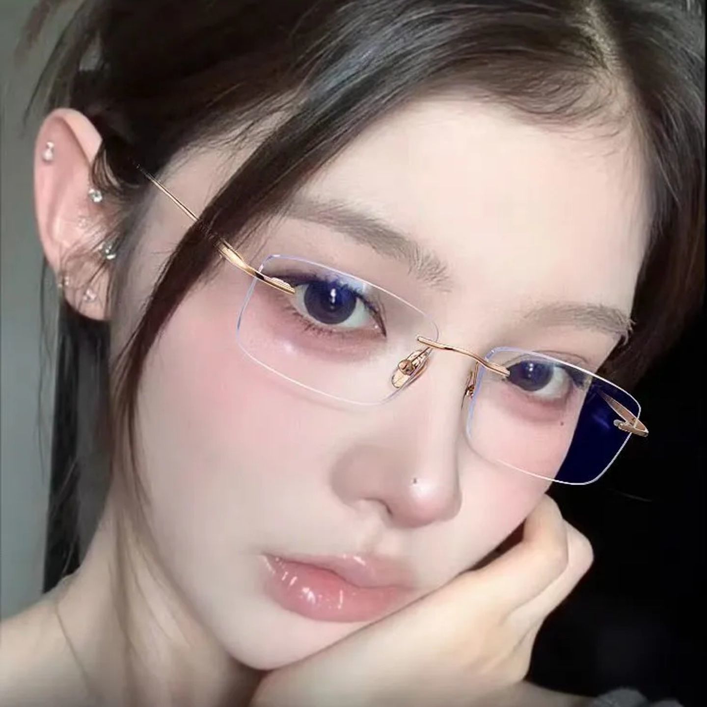 超轻羽感纯欲无框眼镜女高级感近视可配度数纯钛平光镜无边框镜架