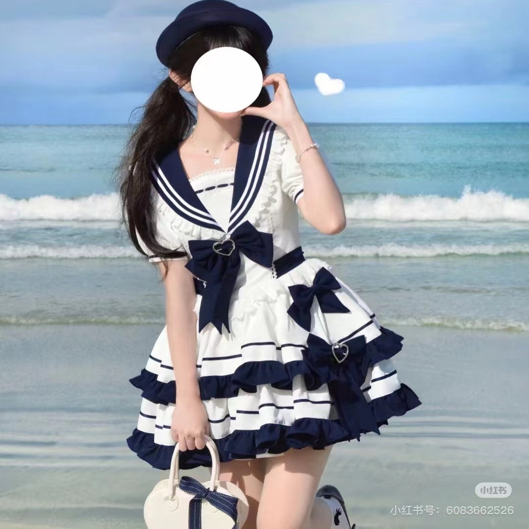 学院风甜美少女感Lolita海军领水手服洛丽塔撞色收腰蓬蓬连衣裙女