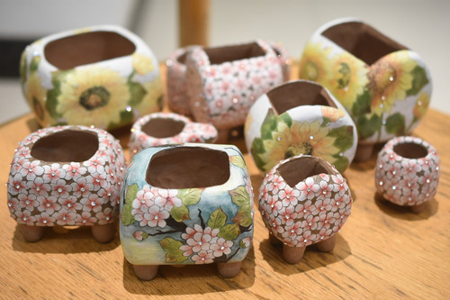 多肉植物手绘花盆，立体小花花，向日葵，天鹅复古全手工冰玉花盆