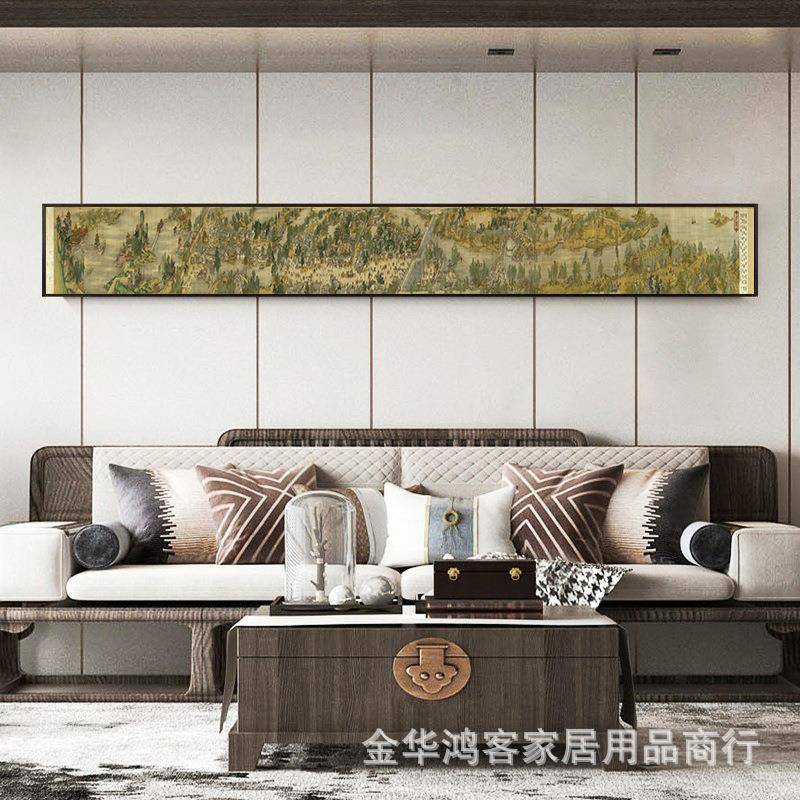 清明背上河图新中式书房装饰画沙画发茶景水墨LQY窄长条横幅国室图片