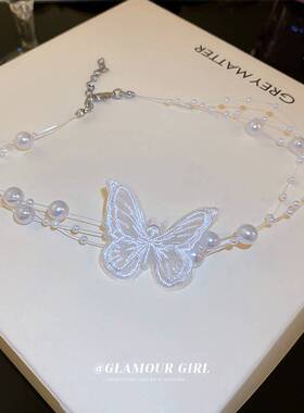 珍珠纱布小仙女气质蝴蝶项链ins风新潮百搭锁骨链小众设计项饰女