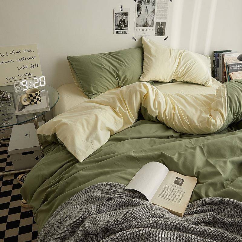 ins风纯色双拼水洗棉床上四件套学生宿舍床单被套床笠三3件套