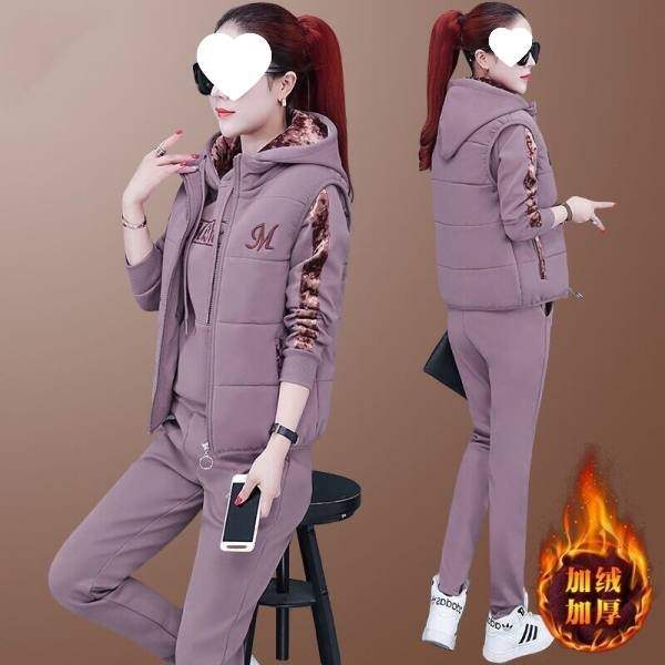 加绒加厚运动服女秋冬季女装新款韩版保暖时尚套装连帽卫衣三件套