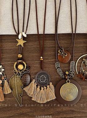 木质前调 国风长款蜡绳橡果吊坠项链新中式禅意设计感毛衣链配饰