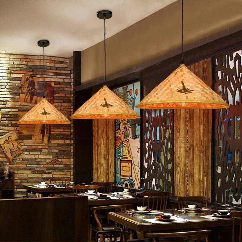 中式竹编餐厅吊灯复古怀旧草帽灯饰火锅店土菜馆灯笼餐饮斗笠灯罩