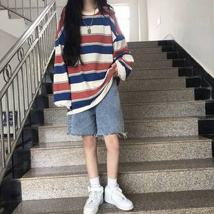 条纹长袖T恤女2025春秋季学生韩版宽松百搭打底衫闺蜜装上衣ins潮