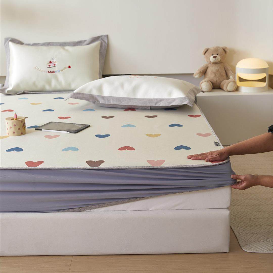 轻奢刺绣款床笠式养生席高端可机洗冰丝席三件套加厚折叠式席子