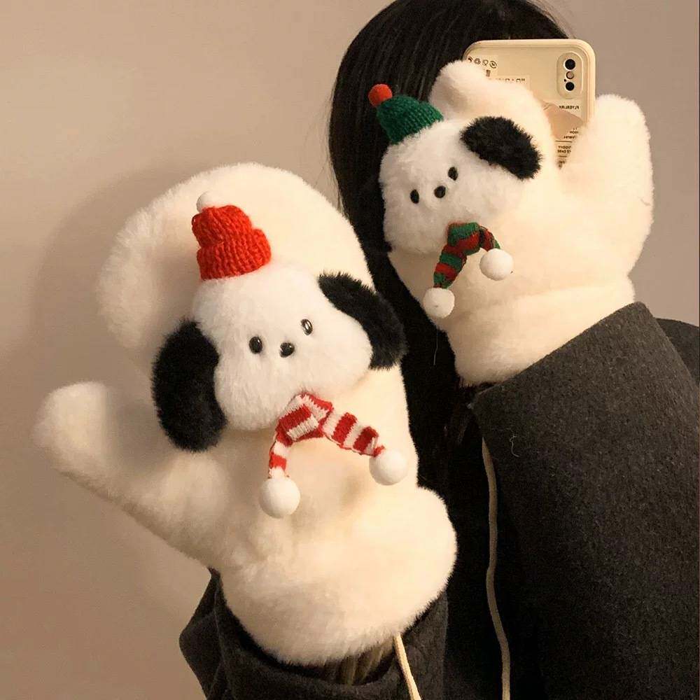 CHUNYU圣诞风小狗毛绒手套女冬保暖加厚加绒全包连指学生挂脖防寒