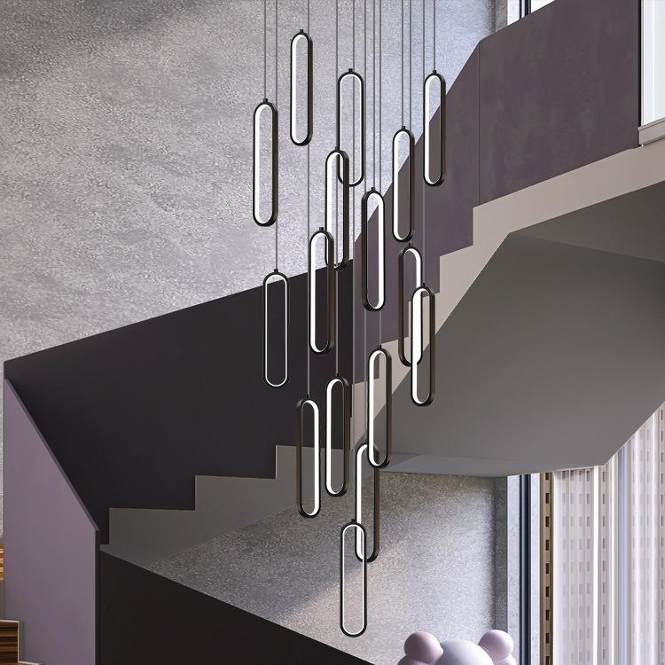 极简楼梯吊灯现代简约创意黑色方框别墅中空灯具复式楼客厅大吊灯