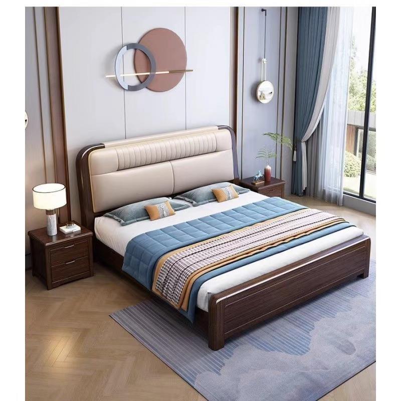 新中式紫金檀木实木床1.8米床头真皮软包双人床家用1.5米储物婚床