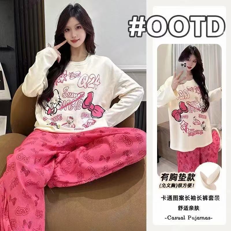 睡衣秋冬季女款2025新款带胸垫可外穿少女长袖卡通圆领学生家居服