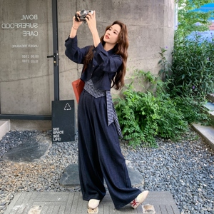 藏青色衬衫背心阔腿裤套装女春秋巨好看大方得体三件套流行超火图片