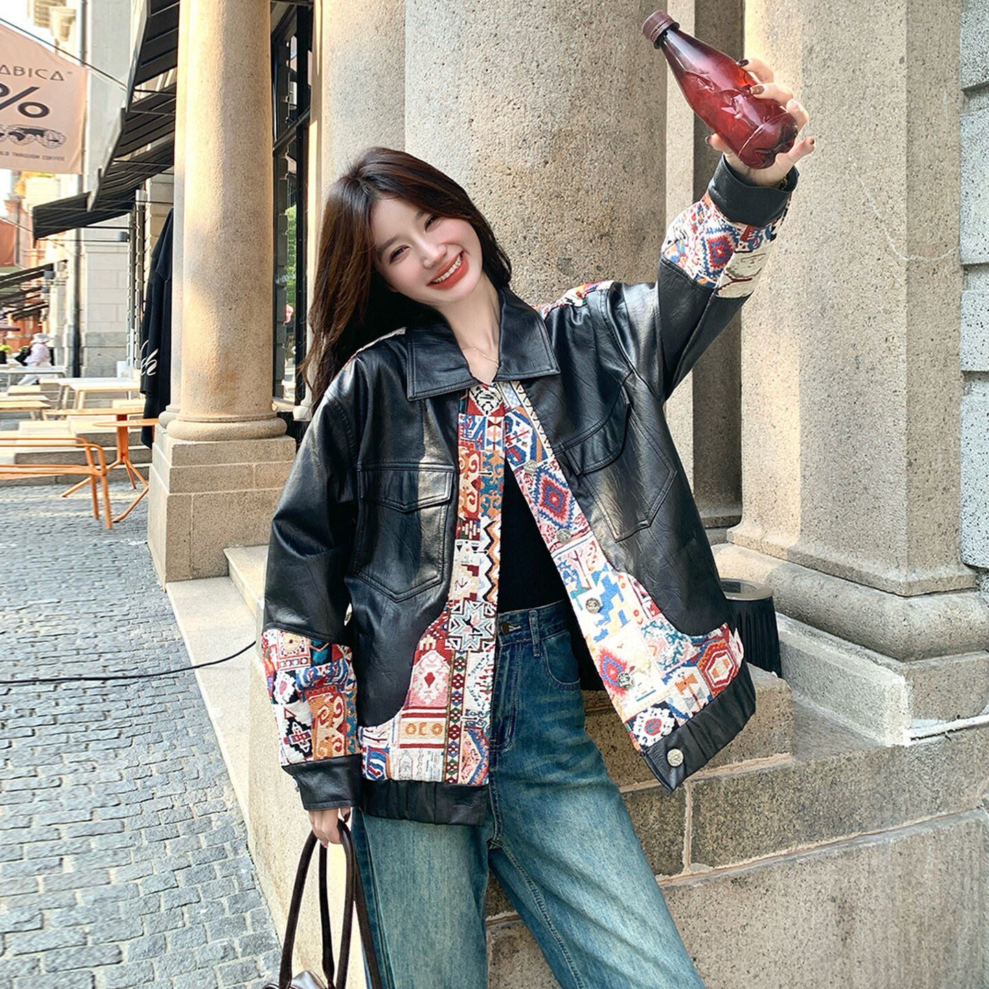 新款2025年秋款PU皮拼接外套2C289-2582-P150-K218,女装皮衣,2C289