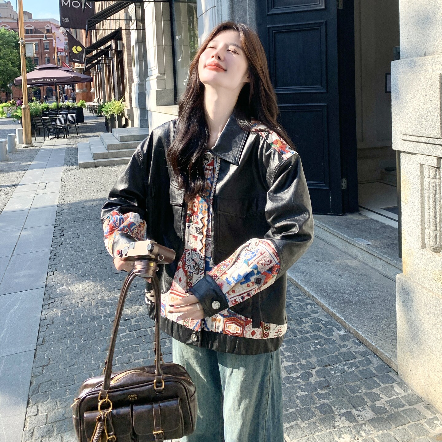 新款2025年秋款PU皮拼接外套2C289-2582-P150-K218,女装皮衣,2C289