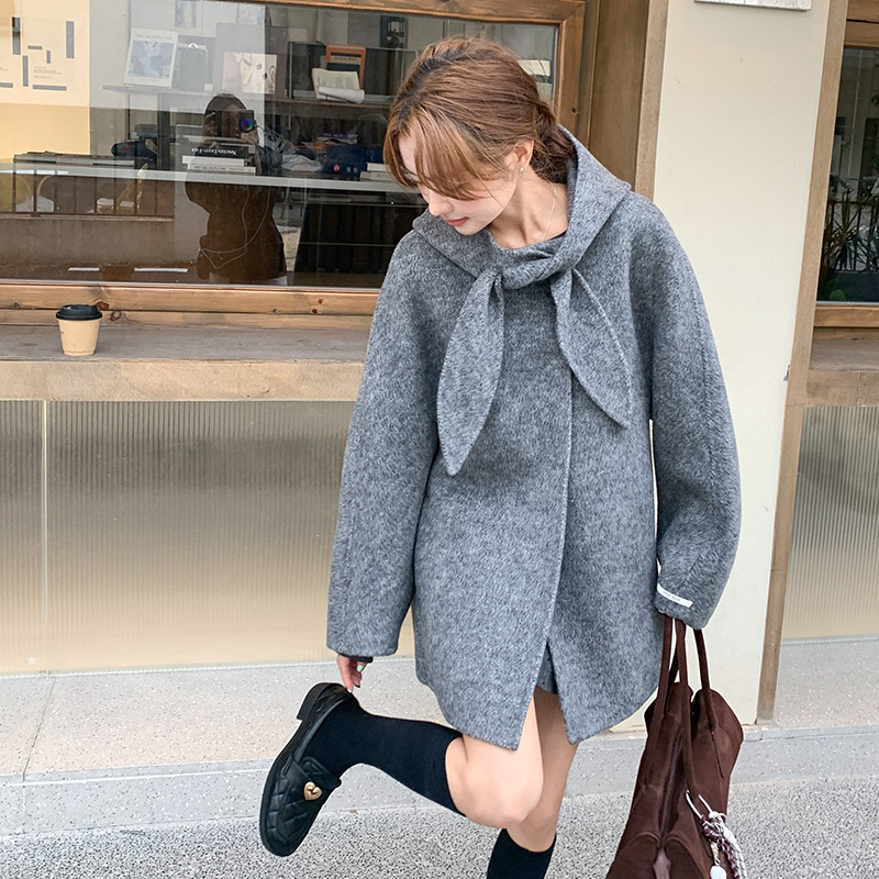 连帽灰色双面呢羊毛外套女秋冬2025新款小个子学院风流行爆款大衣,女装羊绒大衣,2C289