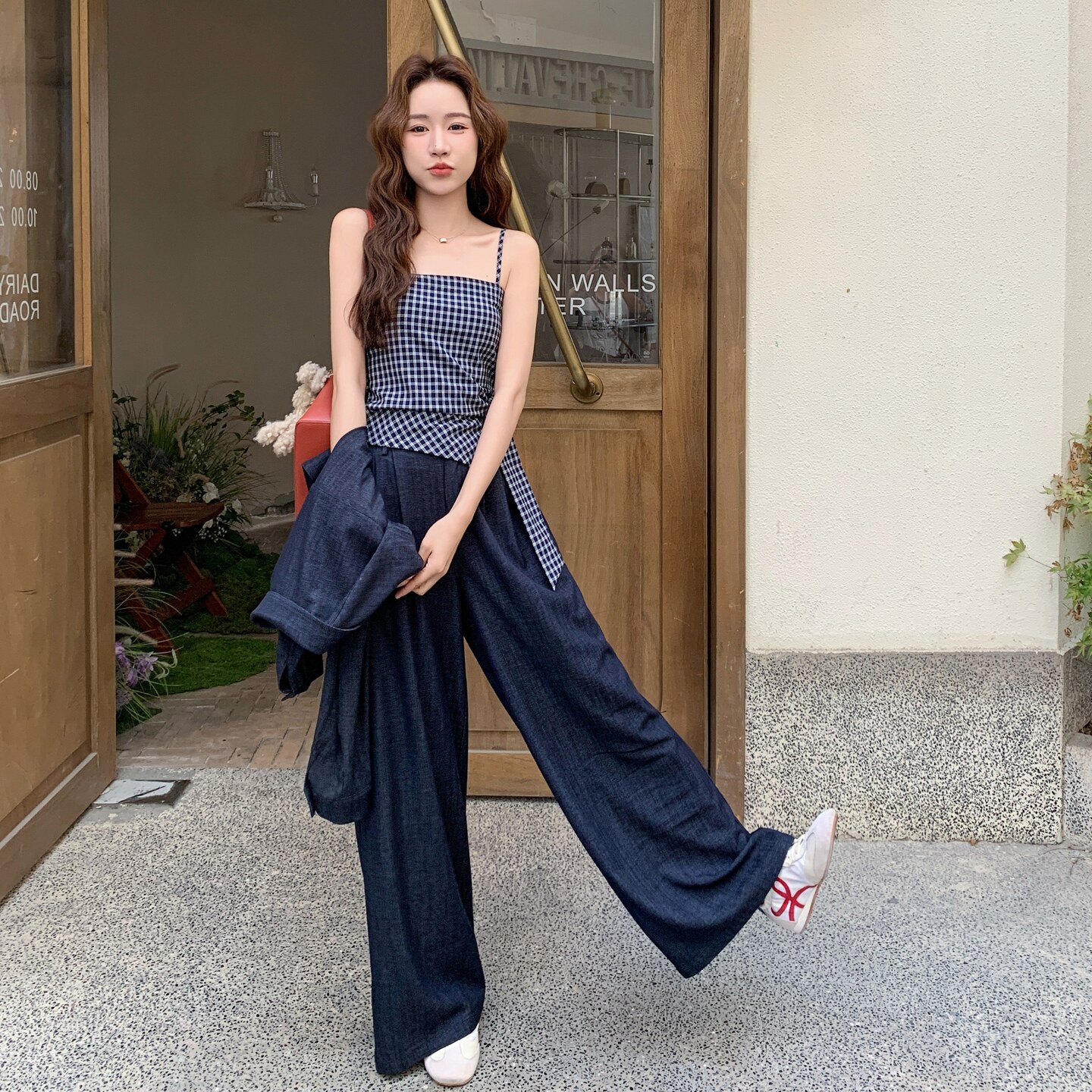 藏青色衬衫背心阔腿裤套装女春秋巨好看大方得体三件套流行超火,女装套装/套裙,2C289