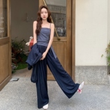 藏青色衬衫背心阔腿裤套装女春秋巨好看大方得体三件套流行超火，女装套装/套裙，2C289