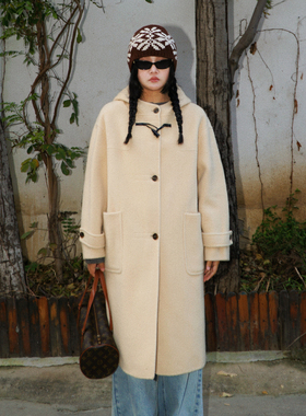 zopiclone“冬日初雪”100%羊毛双面呢连帽牛角扣中长款呢子大衣